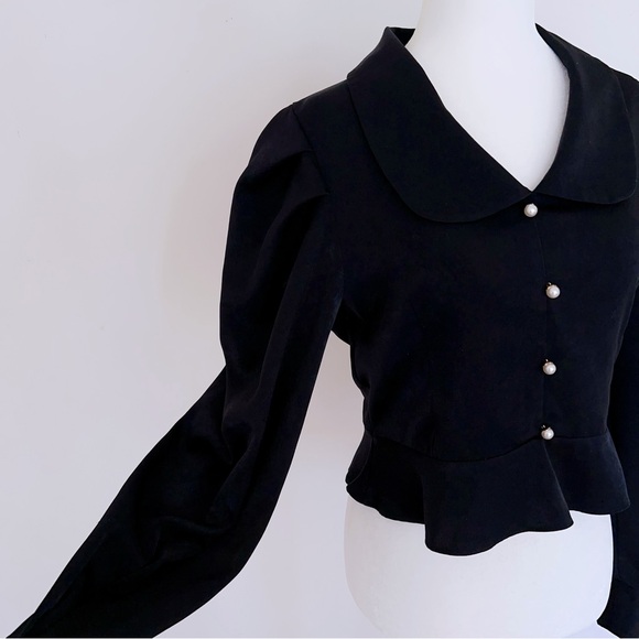Elegant Vintage Puff Sleeve Blouse – Black Pearl Button-Up Top. 95%new condition - Picture 5 of 10